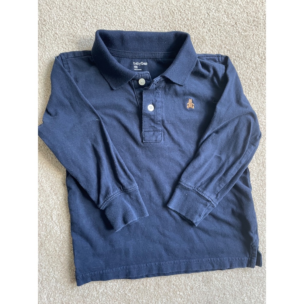 Baby Gap Toddler Boys Navy Blue Long Sleeve Polo Shirt Teddy Bear Logo Size 4T